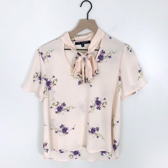 one clothing Tops - One Clothing Pale Pink Floral Tie Neck Blouse